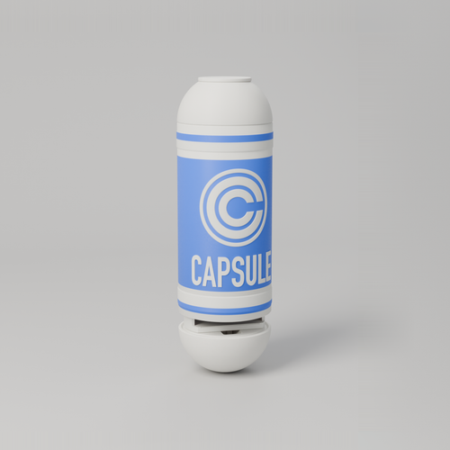 Push-button capsule fidget case in blue and white with the Capsule logo inlaid, standing upright with the bottom drawer popped open after pressing the button