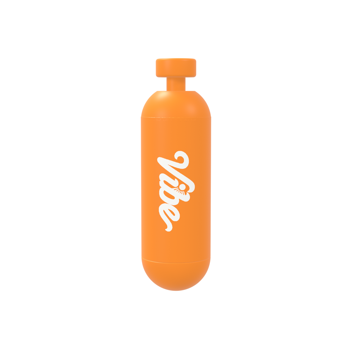 Vibe branded 3D printed capsule case: orange body with white Vibe script logo inlaid on the front, push-button on top, standing upright
