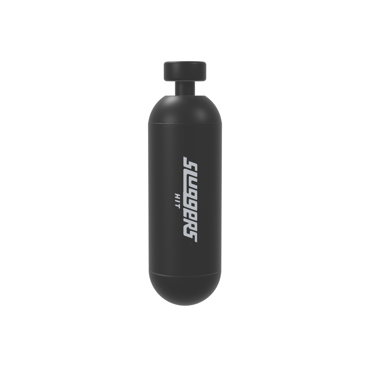 Sluggers branded 3D printed capsule case: matte black body with silver SLUGGERS HIT wordmark inlaid along the side, push-button on top, standing upright
