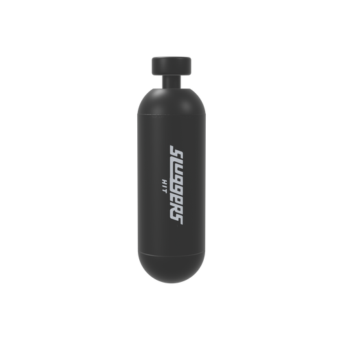 Sluggers branded 3D printed capsule case: matte black body with silver SLUGGERS HIT wordmark inlaid along the side, push-button on top, standing upright