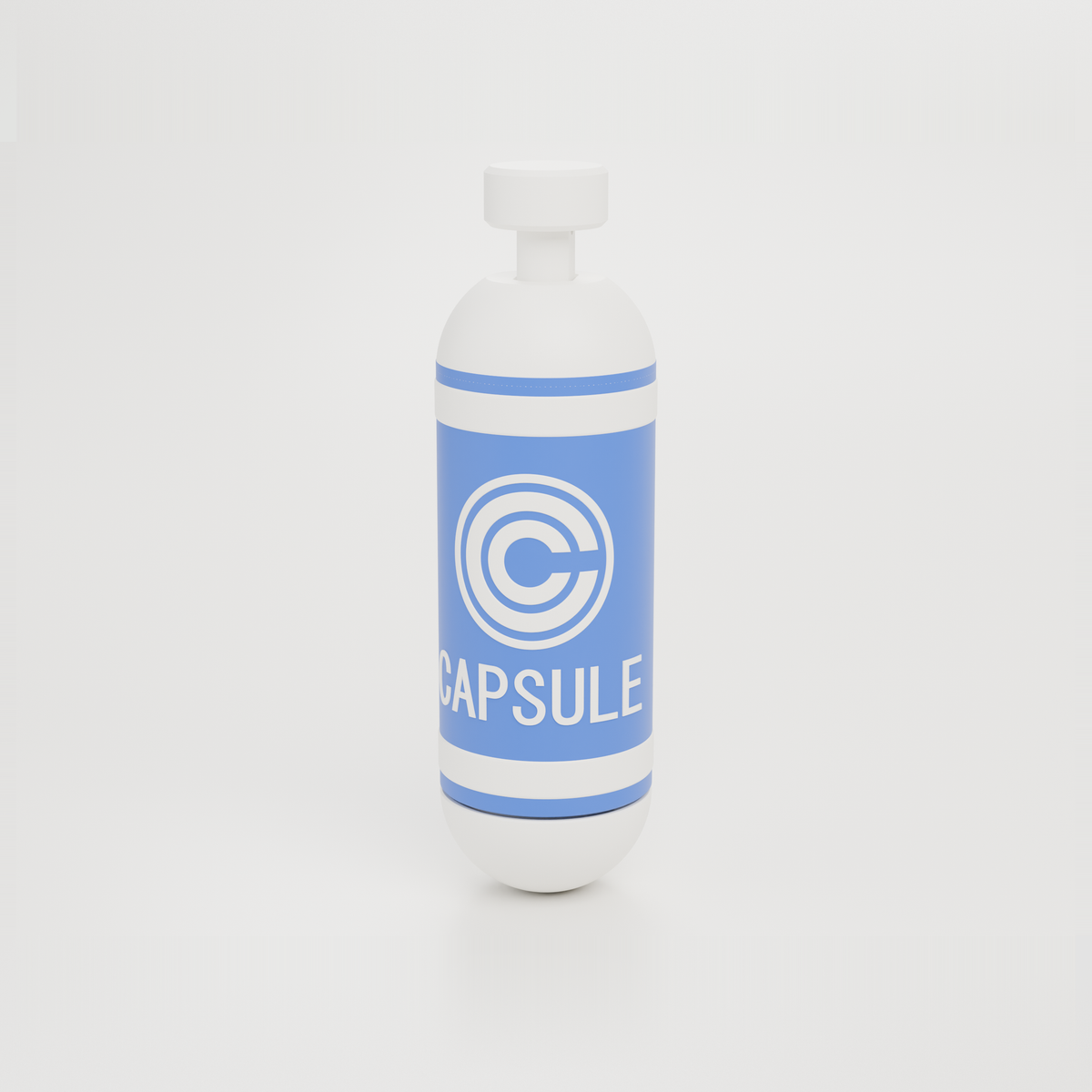Blue and white 3D printed capsule jar case standing upright, white CAPSULE logo inlaid on the body, push-button cap on top