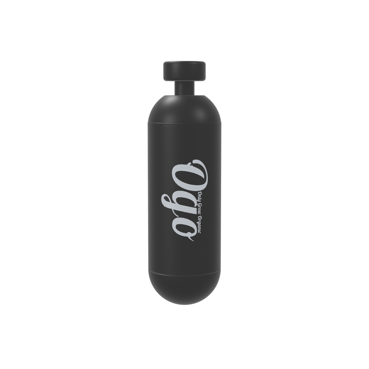 Ogo (Only Grow Organic) branded 3D printed capsule case: matte black body with silver Ogo script logo inlaid, push-button on top, standing upright