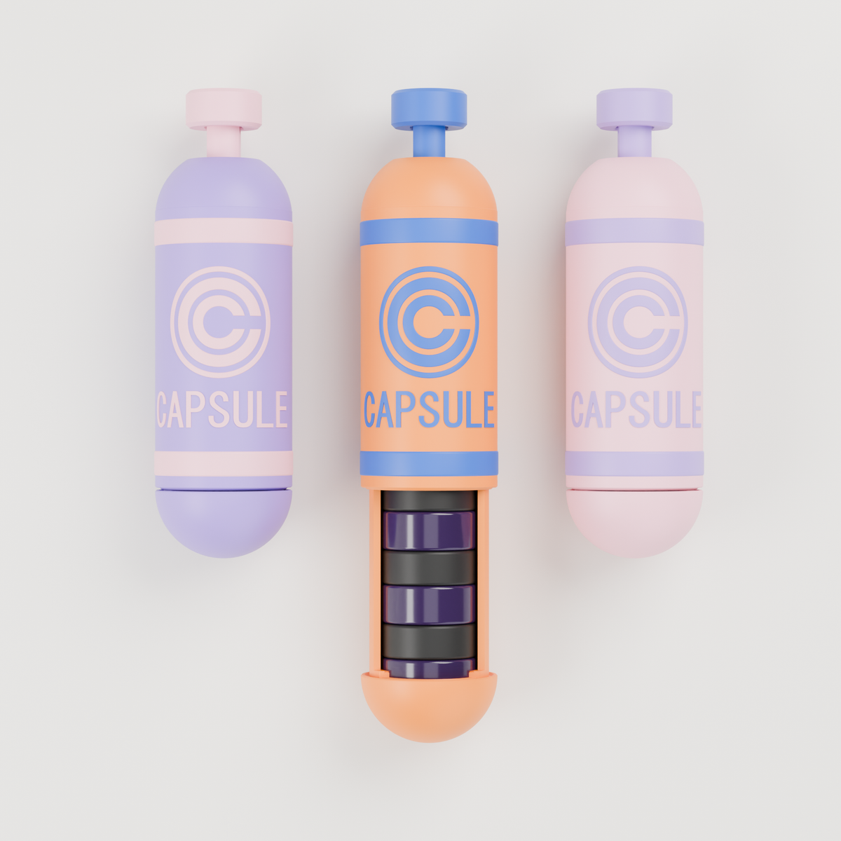 Top-down flat lay of three pastel capsule cases in lilac, peach and pink; the middle one is open with its drawer out showing three jars