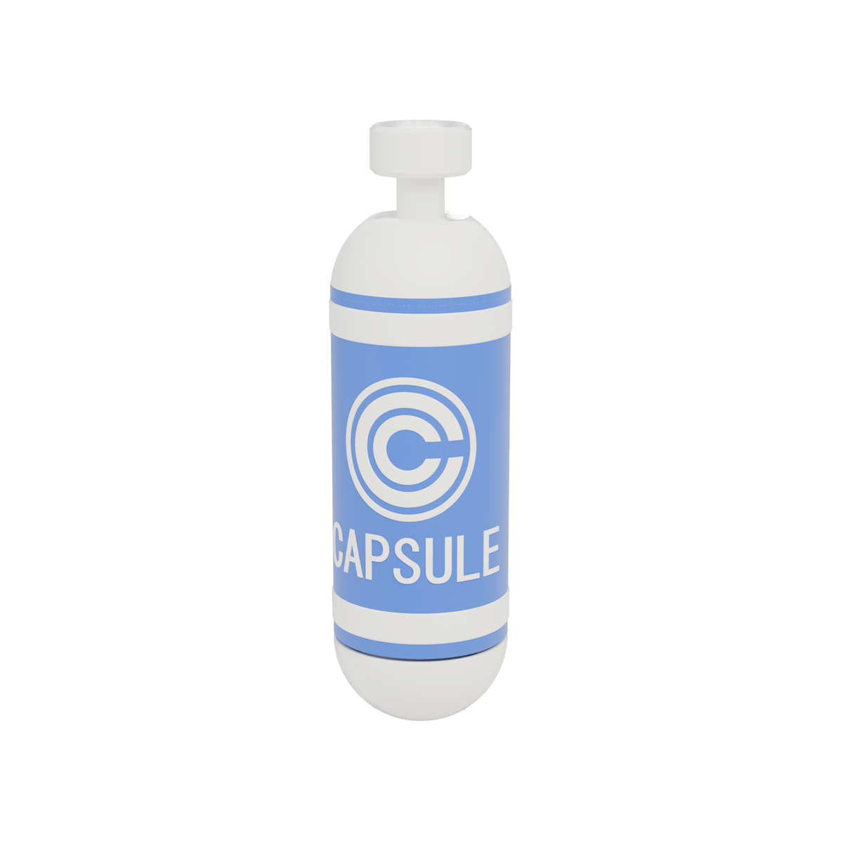 Bulma colorway: royal blue 3D printed capsule case with white caps, white push-button and white CAPSULE logo inlaid, standing upright