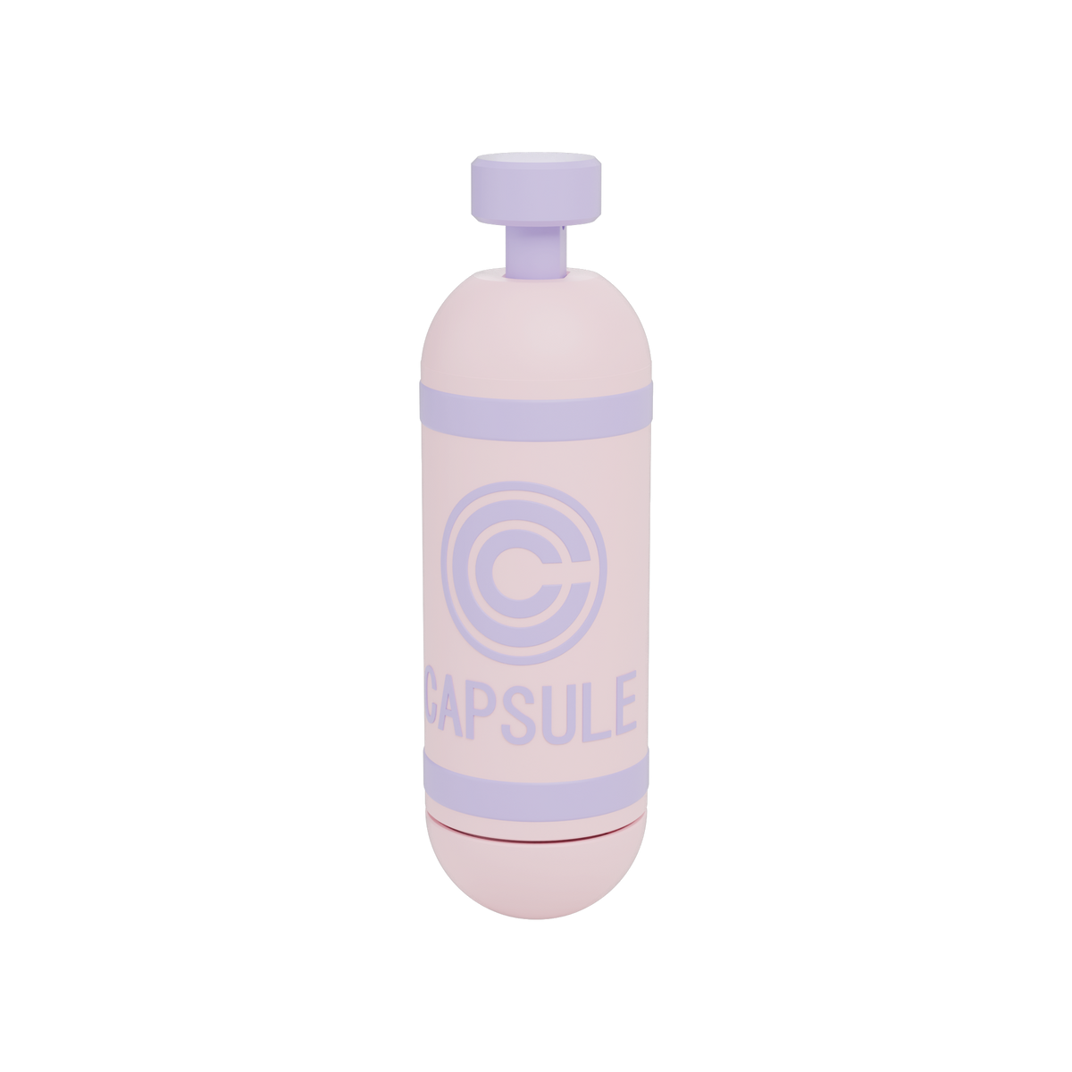 Sakura colorway: pink 3D printed capsule case with lilac push-button and lilac CAPSULE logo inlaid, standing upright