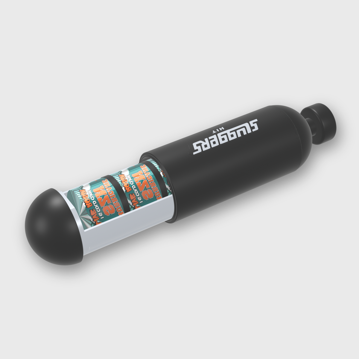 Sluggers branded capsule case lying open with the drawer slid out, showing three 5 ml glass jars seated in the cradle